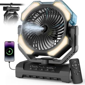Camping Misting Fan - 24000mAh Portable Battery Powered Fans with 9oz Water Tank, Light, Hook - Rechargeable, 120H Cooling, Last 5H Mist, 4 Speed, Sleep Mode - Outdoor Gear, Travel Essentials