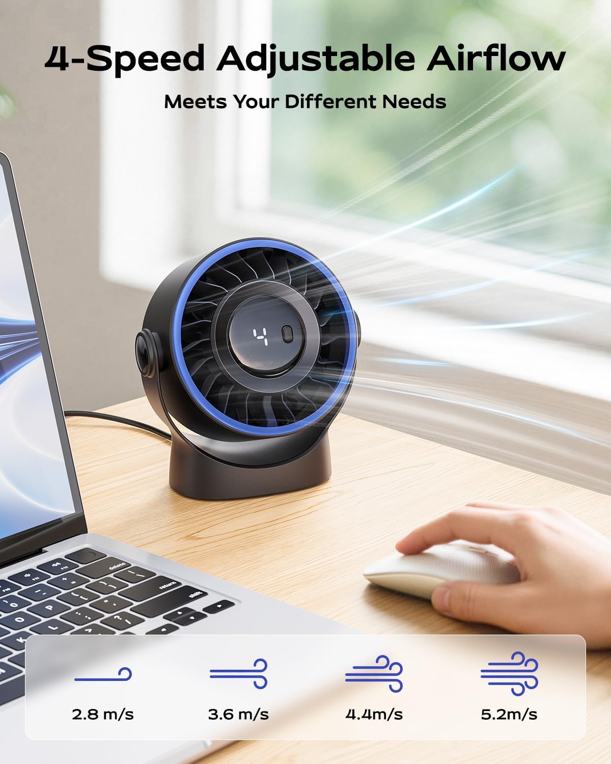 USB Small Desk Fan - 5 Inch Mini Personal Desktop Fan, 4 Speeds Cooling Strong Airflow, 360° Adjustable Tilt, Quiet Portable Table Fans for Bedroom, Home, Office, Travel & Cruise, Black - Image 2