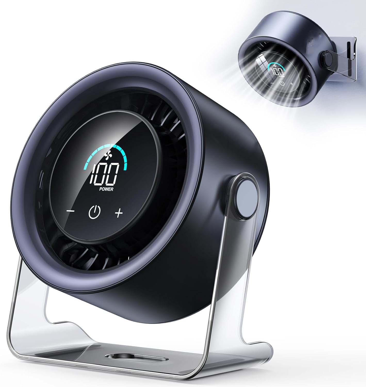 USB Desk Fan for Bedroom: 100 Speeds Digital Display Quiet Table Fan with Turbo Airflow, 120° Rotating Small Rechargeable Battery Desktop & Wall-Mounted Fans for Bedroom Home Office (Black)