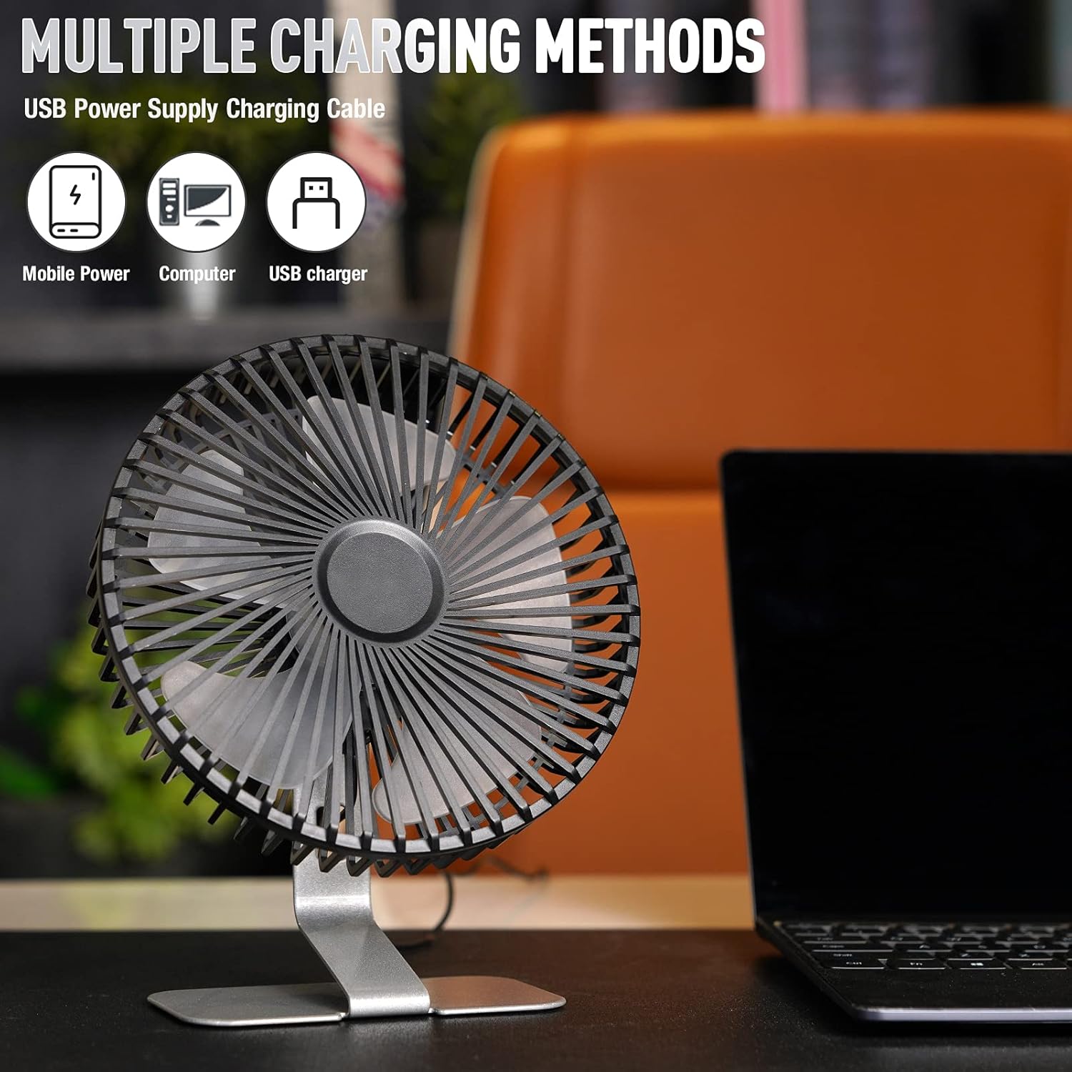 6 inch USB Small Desk Fan, 4 Speeds, Ultra-quiet, 90° Adjustment for Better Cooling, Portable Mini Powerful Desktop Table Fan, Mini Personal Fan for Home Office, Metal Base, Silver - Image 3