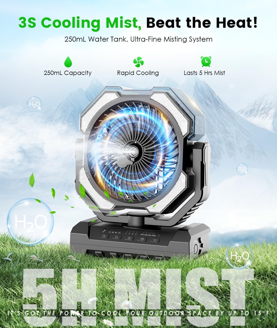 Camping Misting Fan - 24000mAh Portable Battery Powered Fans with 9oz Water Tank, Light, Hook - Rechargeable, 120H Cooling, Last 5H Mist, 4 Speed, Sleep Mode - Outdoor Gear, Travel Essentials - Image 3