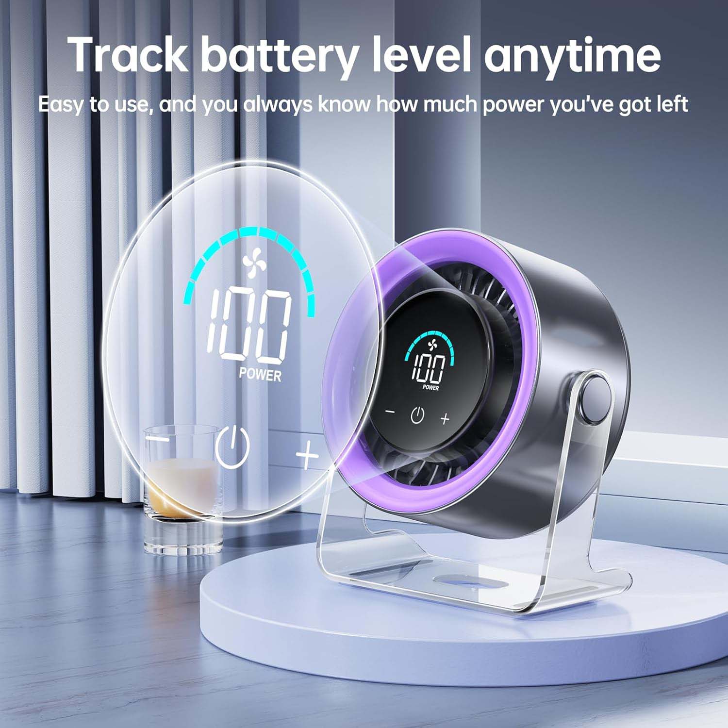 USB Desk Fan for Bedroom: 100 Speeds Digital Display Quiet Table Fan with Turbo Airflow, 120° Rotating Small Rechargeable Battery Desktop & Wall-Mounted Fans for Bedroom Home Office (Purple) - Image 5