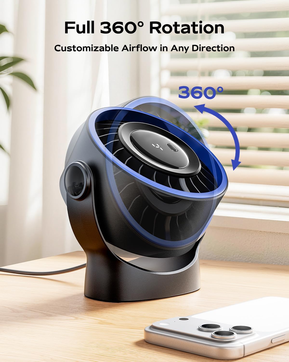 USB Small Desk Fan - 5 Inch Mini Personal Desktop Fan, 4 Speeds Cooling Strong Airflow, 360° Adjustable Tilt, Quiet Portable Table Fans for Bedroom, Home, Office, Travel & Cruise, Black - Image 5