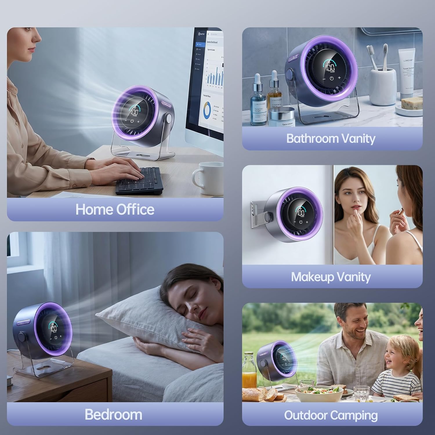 USB Desk Fan for Bedroom: 100 Speeds Digital Display Quiet Table Fan with Turbo Airflow, 120° Rotating Small Rechargeable Battery Desktop & Wall-Mounted Fans for Bedroom Home Office (Purple) - Image 3