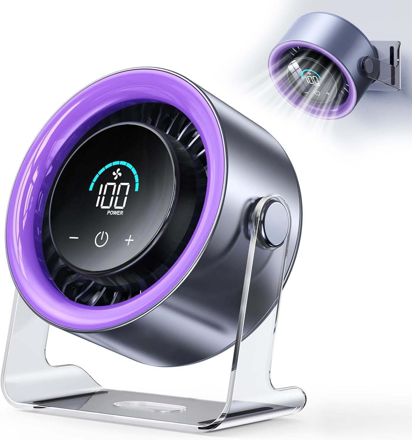 USB Desk Fan for Bedroom: 100 Speeds Digital Display Quiet Table Fan with Turbo Airflow, 120° Rotating Small Rechargeable Battery Desktop & Wall-Mounted Fans for Bedroom Home Office (Purple)