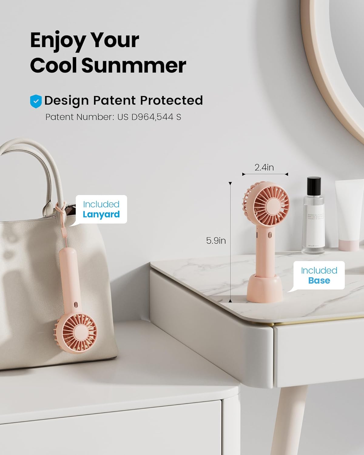 Mini Portable Fan, Small and Powerful, Cute Design 3 Speed Personal Handheld fan and Desktop with Base, Lightweight USB Rechargeable for Travel Lash Makeup Girl Women Summer Gift Pink - Image 2