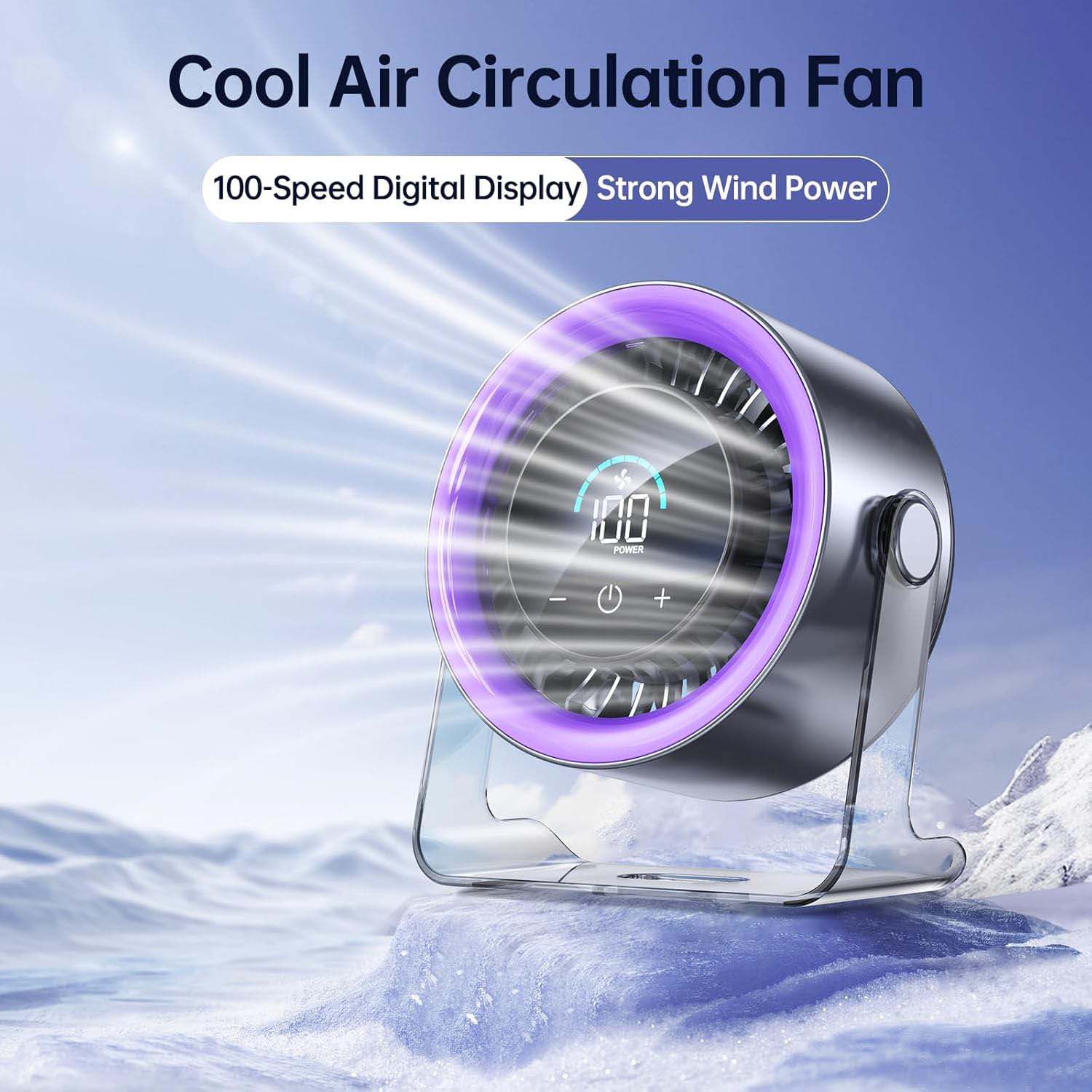 USB Desk Fan for Bedroom: 100 Speeds Digital Display Quiet Table Fan with Turbo Airflow, 120° Rotating Small Rechargeable Battery Desktop & Wall-Mounted Fans for Bedroom Home Office (Purple) - Image 2