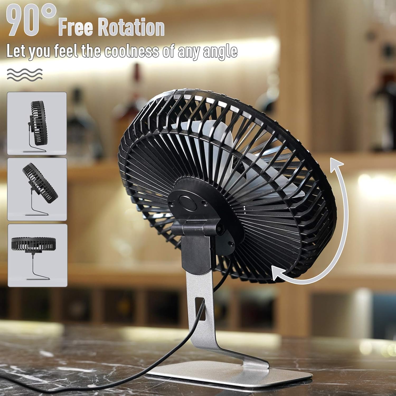 6 inch USB Small Desk Fan, 4 Speeds, Ultra-quiet, 90° Adjustment for Better Cooling, Portable Mini Powerful Desktop Table Fan, Mini Personal Fan for Home Office, Metal Base, Silver - Image 4